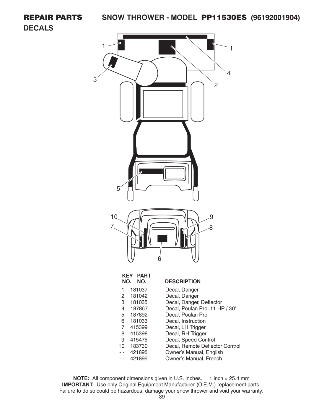 Poulan 421895, 96192001904 owner manual Repair Parts Snow Thrower Model PP11530ES Decals 