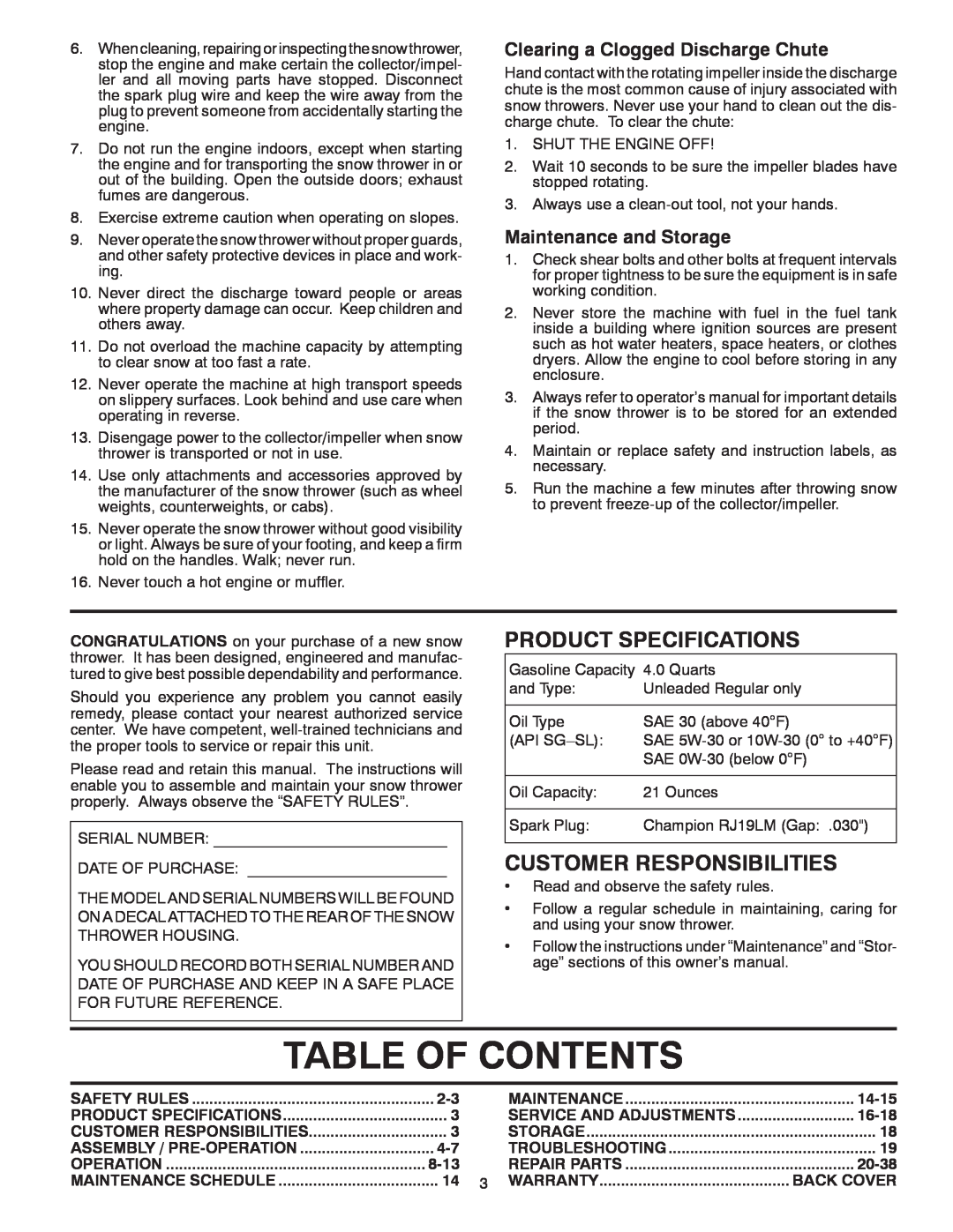 Poulan 96192002000 Table Of Contents, Product Specifications, Customer Responsibilities, Maintenance and Storage, 14-15 