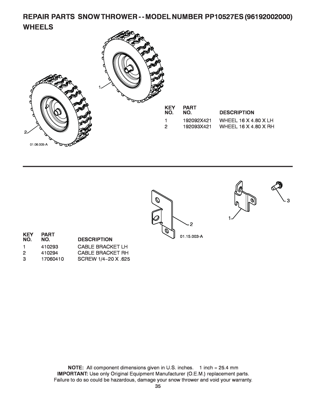 Poulan PP10527ES, 96192002000, 420923 owner manual Wheels, Part, Description 