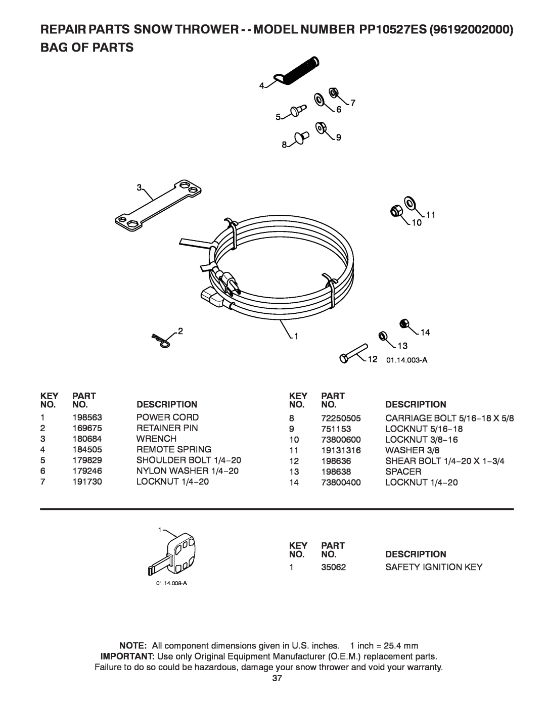 Poulan 420923, 96192002000, PP10527ES owner manual Bag Of Parts, Description, 35062, Safety Ignition Key 