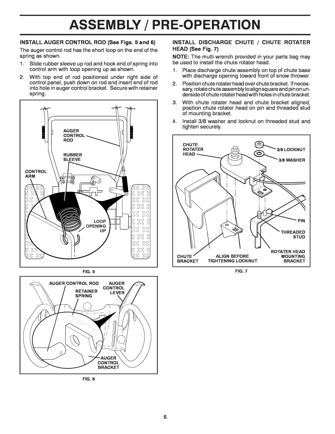 Poulan 96192002000, 420923, PP10527ES owner manual Assembly / Pre-Operation, INSTALL AUGER CONTROL ROD See Figs. 5 and 
