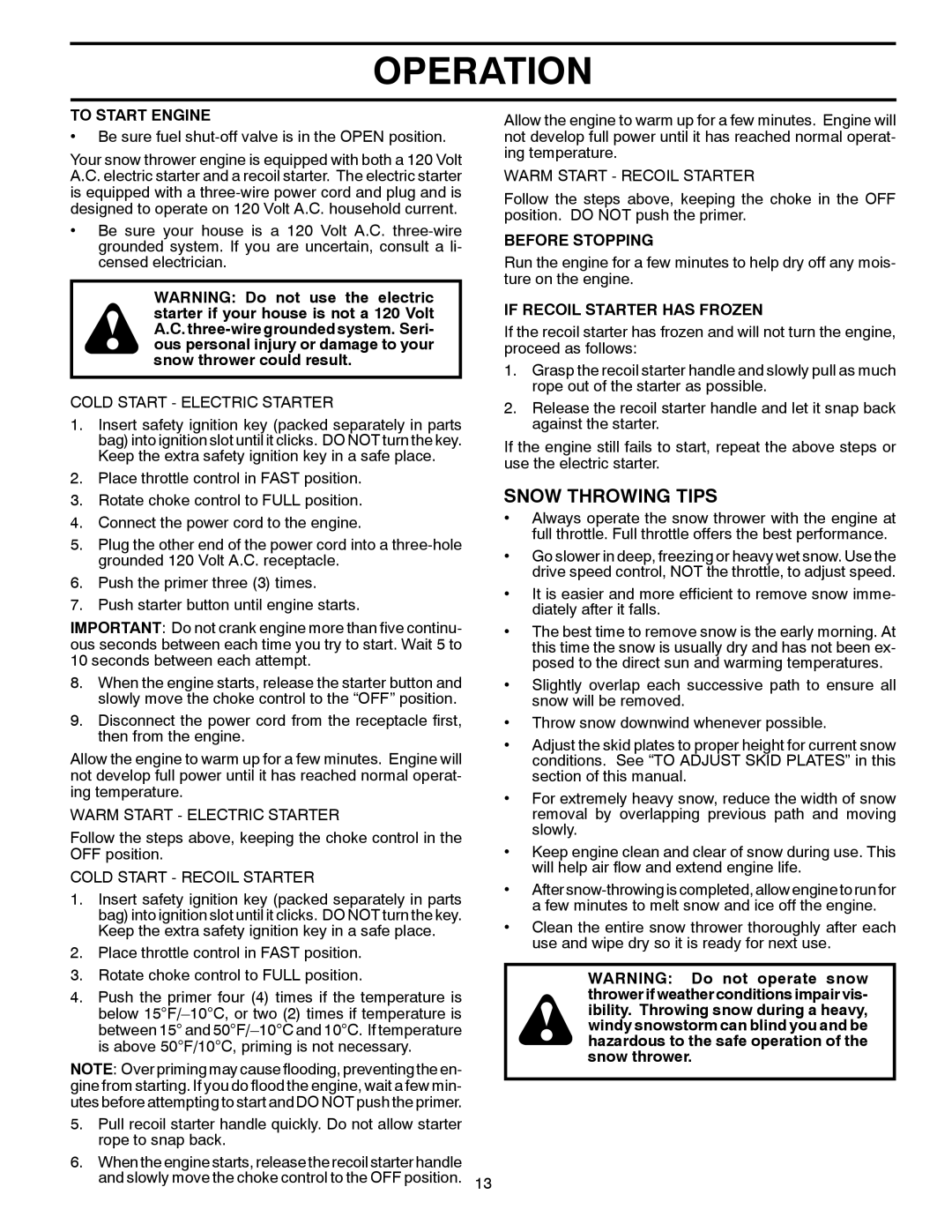 Poulan 420923, 96192002000, PP10527ES Snow Throwing Tips, To Start Engine, Before Stopping, If Recoil Starter has Frozen 