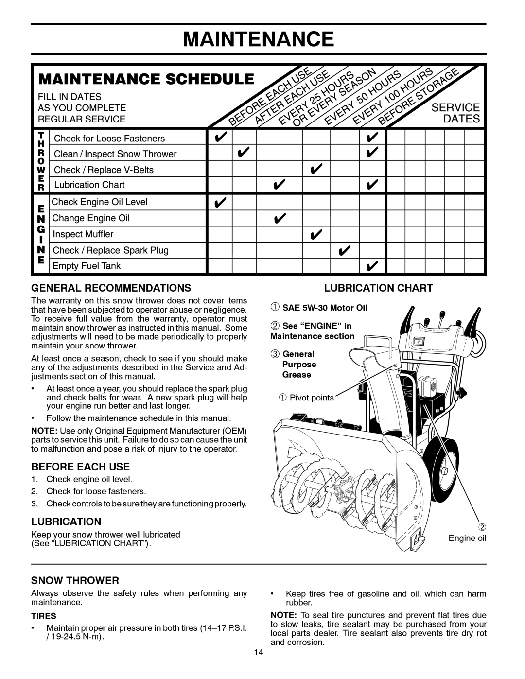 Poulan PP10527ES, 96192002000, 420923 Maintenance, General Recommendations, Before Each USE, Lubrication, Snow Thrower 