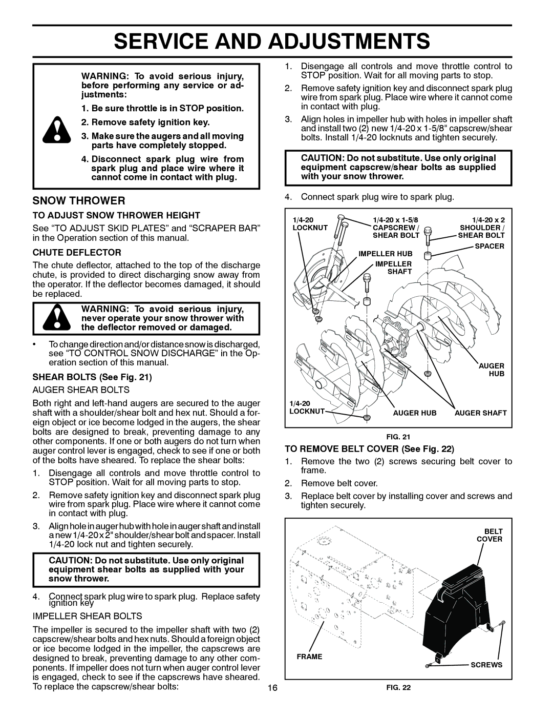 Poulan 420923, 96192002000 Service and Adjustments, To Adjust Snow Thrower Height, Chute Deflector, Shear Bolts See Fig 