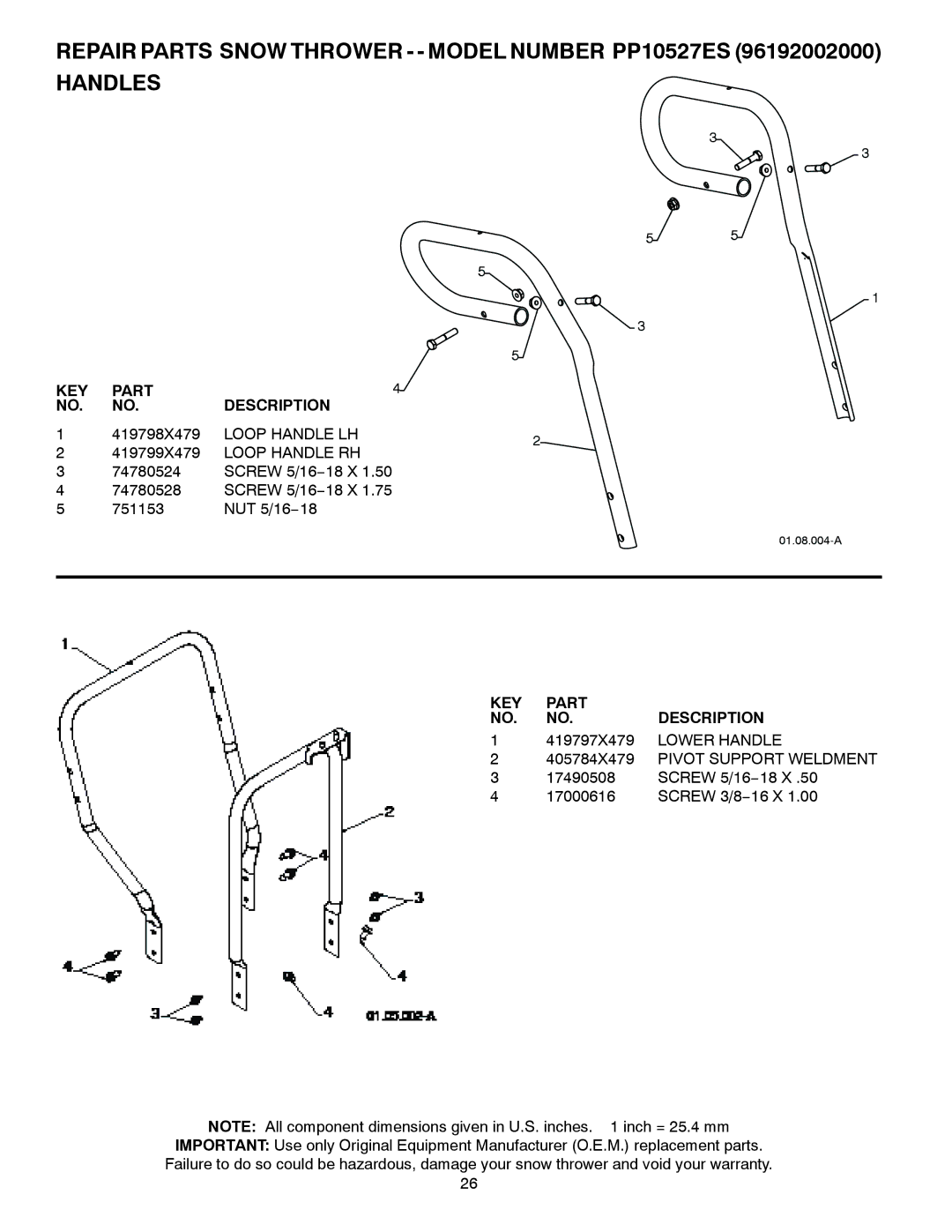 Poulan PP10527ES, 96192002000, 420923 owner manual Loop Handle LH, Loop Handle RH, Lower Handle, Pivot Support Weldment 