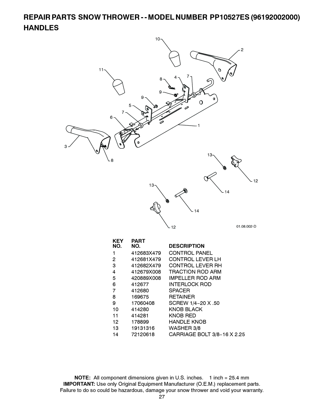 Poulan 96192002000, 420923, PP10527ES owner manual Spacer, Retainer, Knob RED, Handle Knob, Washer 3/8 