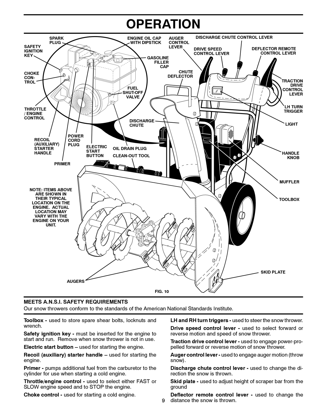 Poulan 96192002000, 420923 Meets A.N.S.I. Safety Requirements, Auger control lever used to engage auger motion throw snow 