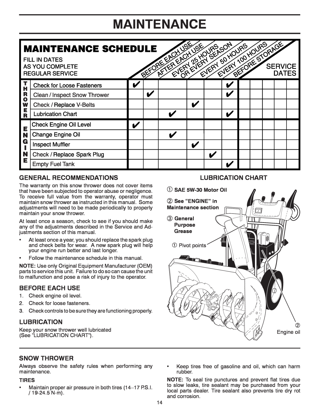 Poulan 96192002001 Maintenance, General Recommendations, Before Each Use, Snow Thrower, Lubrication Chart, Tires 