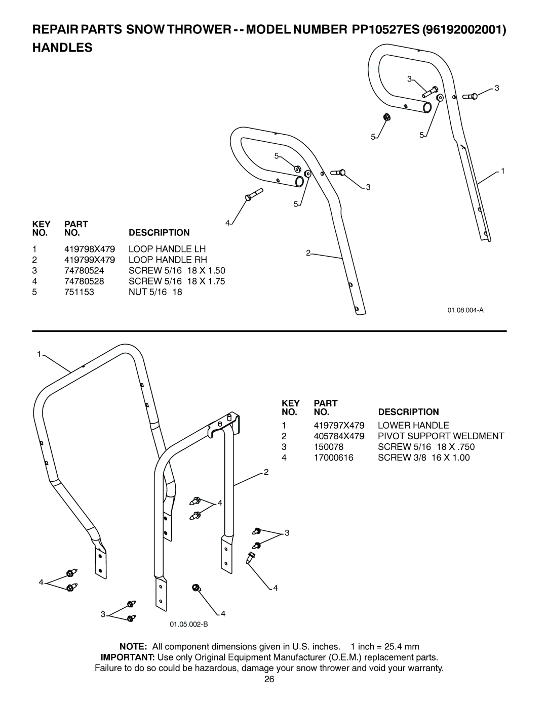 Poulan 96192002001, 421281 owner manual Loop Handle LH, Loop Handle RH, 405784X479 Pivot Support Weldment 