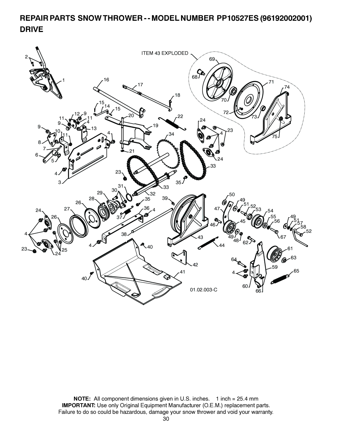 Poulan 96192002001, 421281 owner manual Repair Parts Snow Thrower - Model Number PP10527ES Drive 