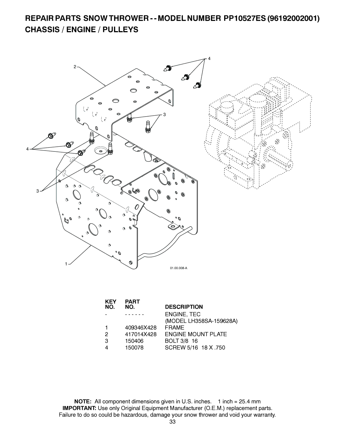 Poulan 421281 KEY Part Description ENGINE, TEC, Model LH358SA-159628A, 409346X428 Frame, 417014X428 Engine Mount Plate 