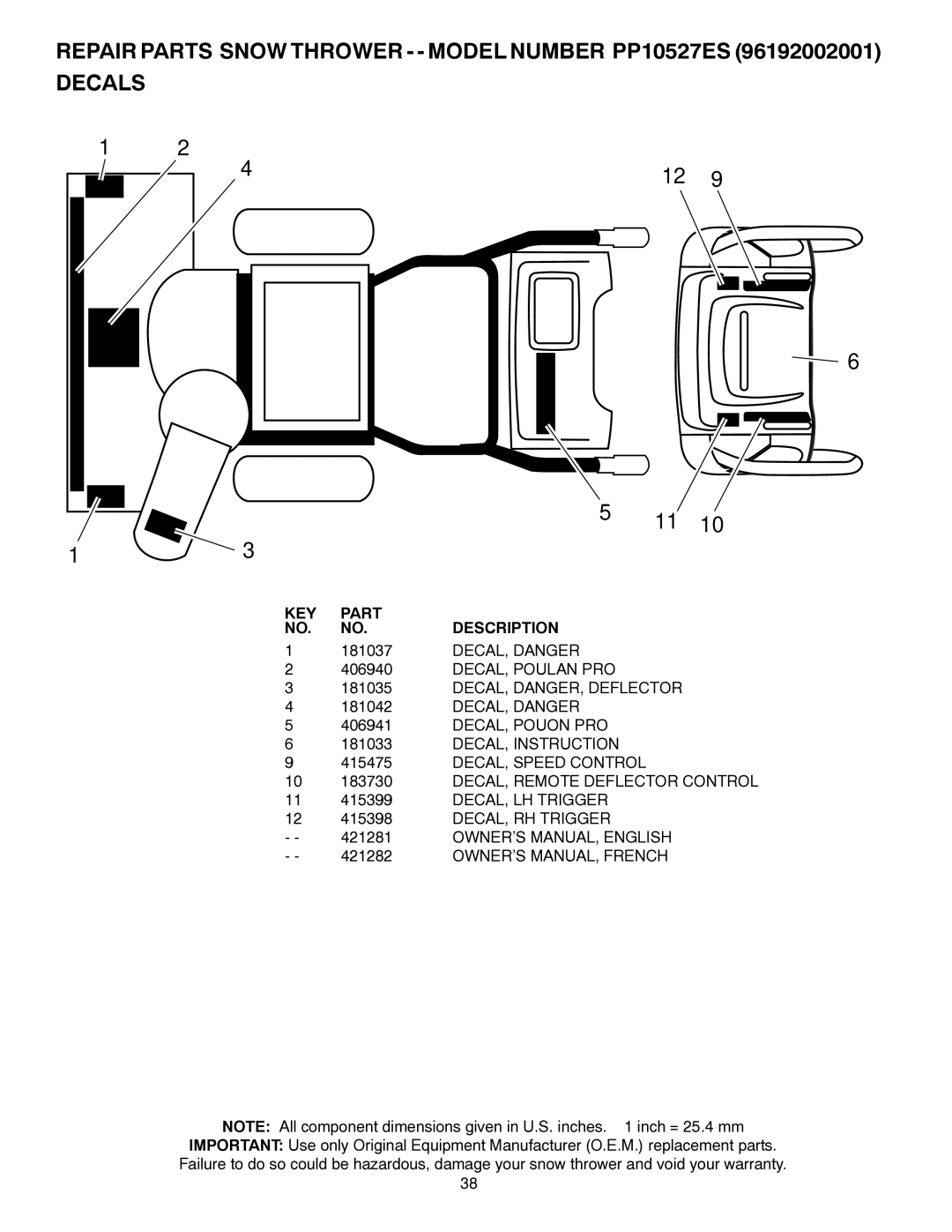 Poulan 96192002001, 421281 owner manual 181037, DECAL, Danger, DECAL, Poulan PRO DECAL, DANGER, Deflector 