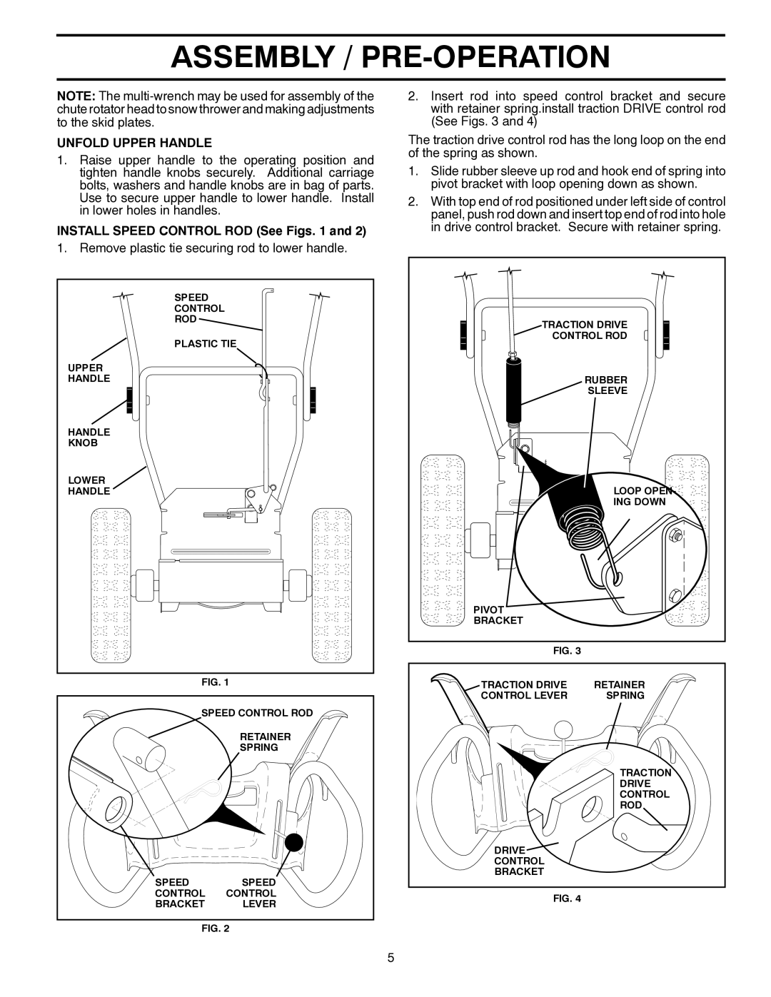 Poulan 421281 Unfold Upper Handle, Install Speed Control ROD See Figs, Remove plastic tie securing rod to lower handle 