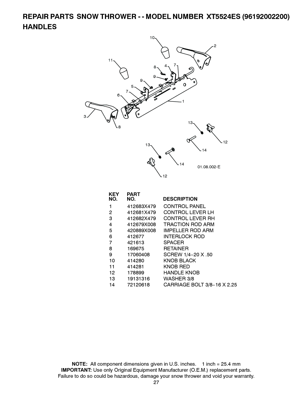 Poulan 422078, 96192002200 owner manual Spacer, Retainer, Knob RED, Handle Knob, Washer 3/8 