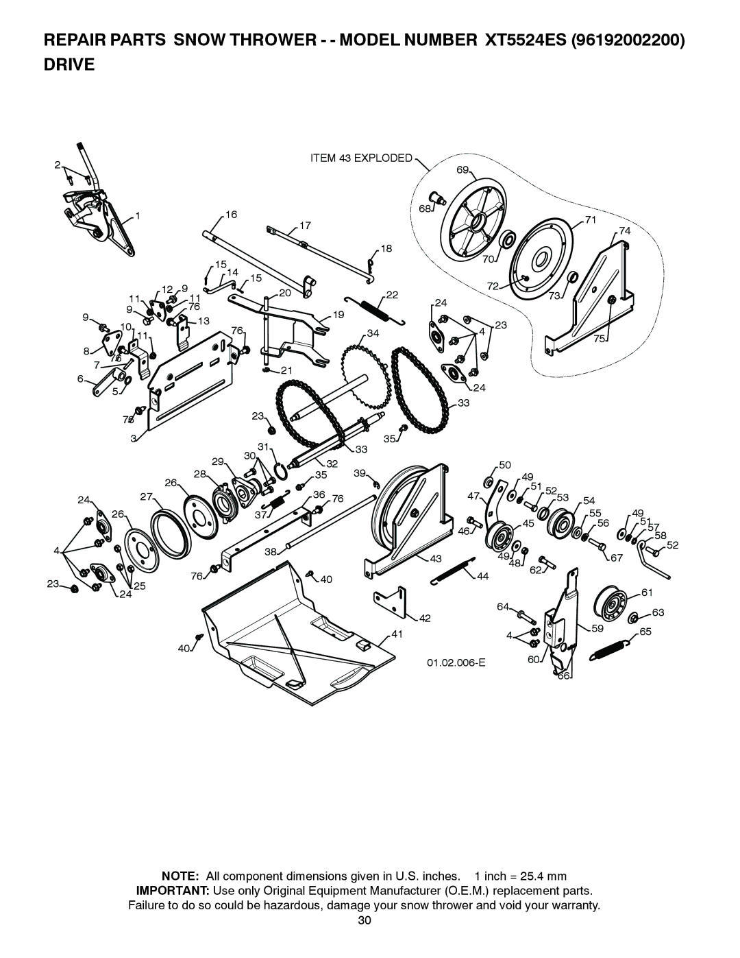 Poulan 96192002200, 422078 owner manual Repair Parts Snow Thrower - Model Number XT5524ES Drive 