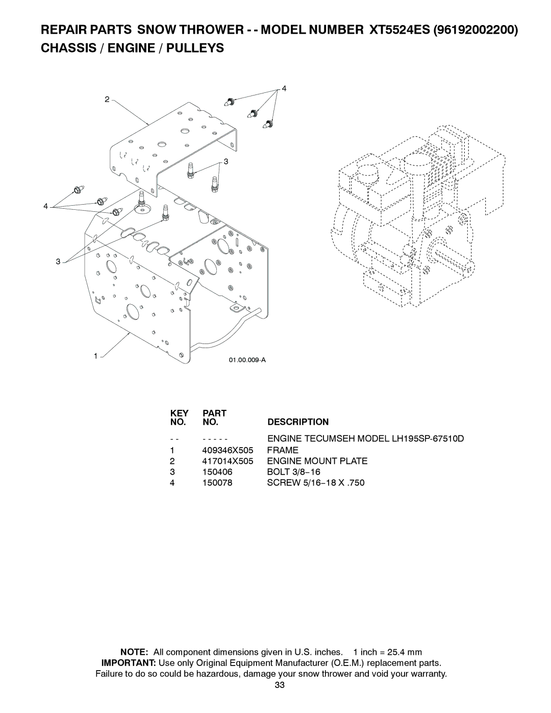 Poulan 422078, 96192002200 KEY Part Description Engine Tecumseh Model LH195SP-67510D, 417014X505 Engine Mount Plate 