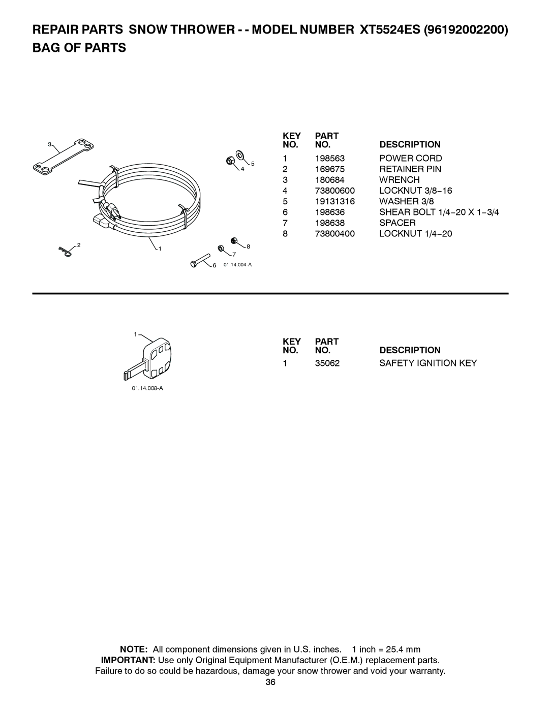 Poulan 96192002200, 422078 owner manual Part KEY Description, 35062, Safety Ignition KEY 