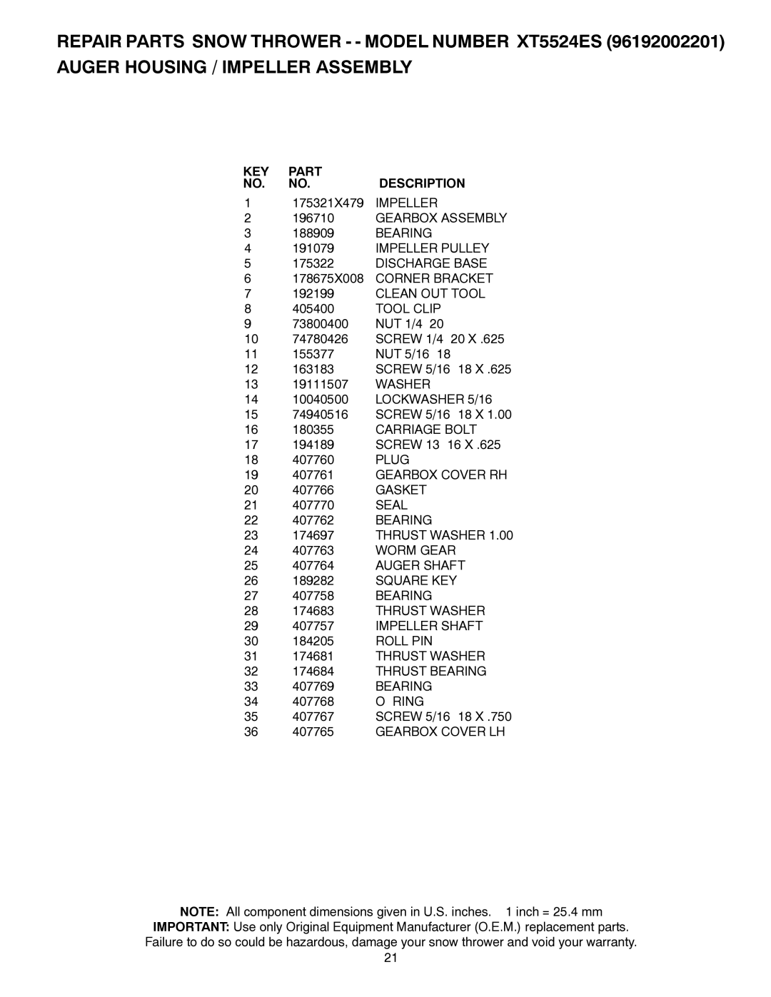 Poulan 96192002201, 422080, XT5524ES owner manual KEY Part Description 