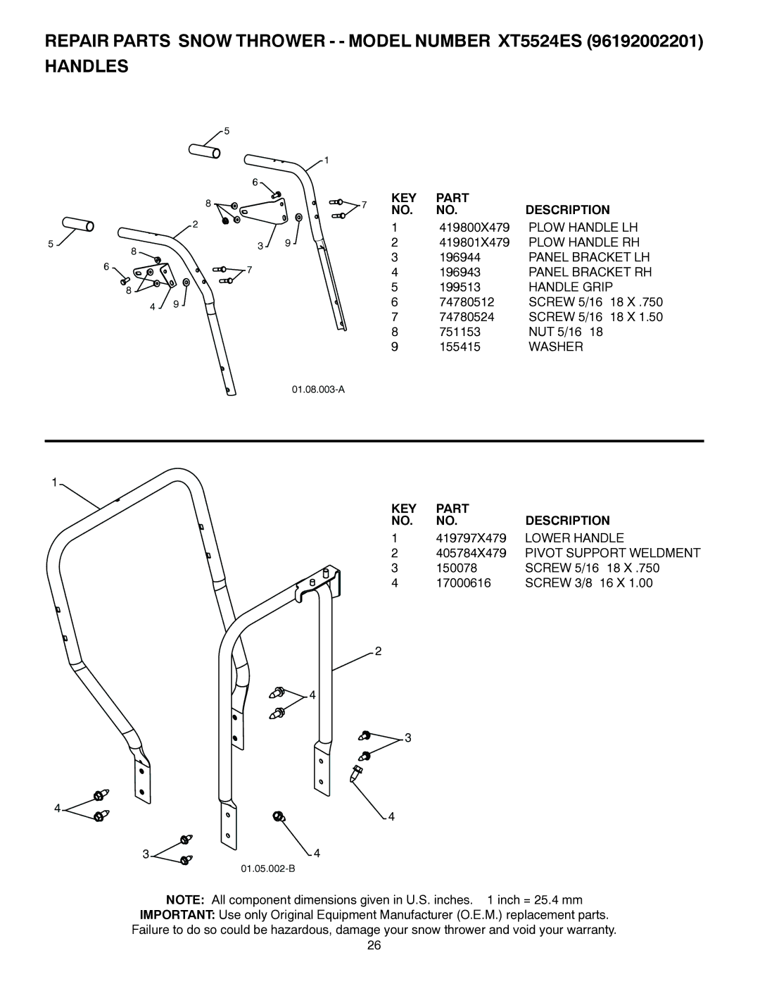 Poulan XT5524ES, 96192002201, 422080 Panel Bracket LH Panel Bracket RH, Handle Grip, 405784X479 Pivot Support Weldment 