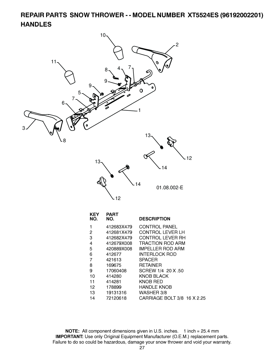 Poulan 96192002201, 422080, XT5524ES owner manual Spacer, Retainer, Knob RED, Handle Knob, Washer 3/8 