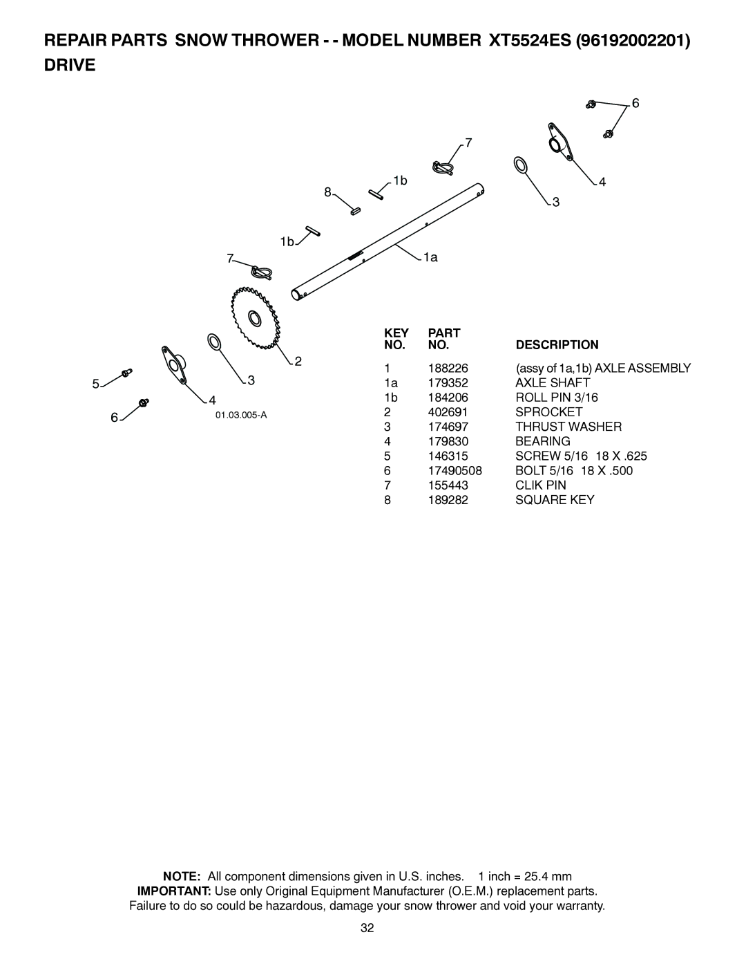 Poulan XT5524ES, 96192002201, 422080 owner manual Axle Shaft, Roll PIN 3/16, Sprocket, Clik PIN 