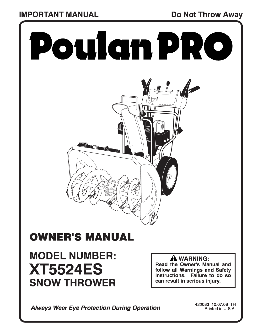 Poulan 422083, 96192002202 owner manual Snow Thrower, Important Manual, XT5524ES, Do Not Throw Away 
