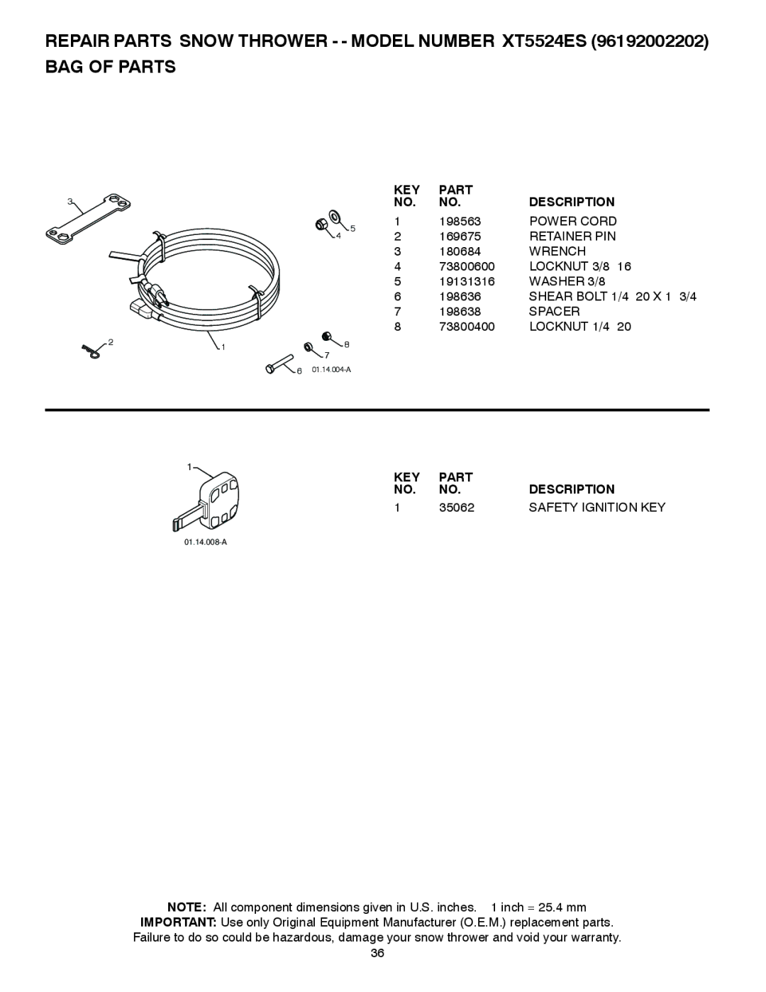 Poulan 96192002202, 422083 owner manual Part KEY Description, 35062, Safety Ignition KEY 