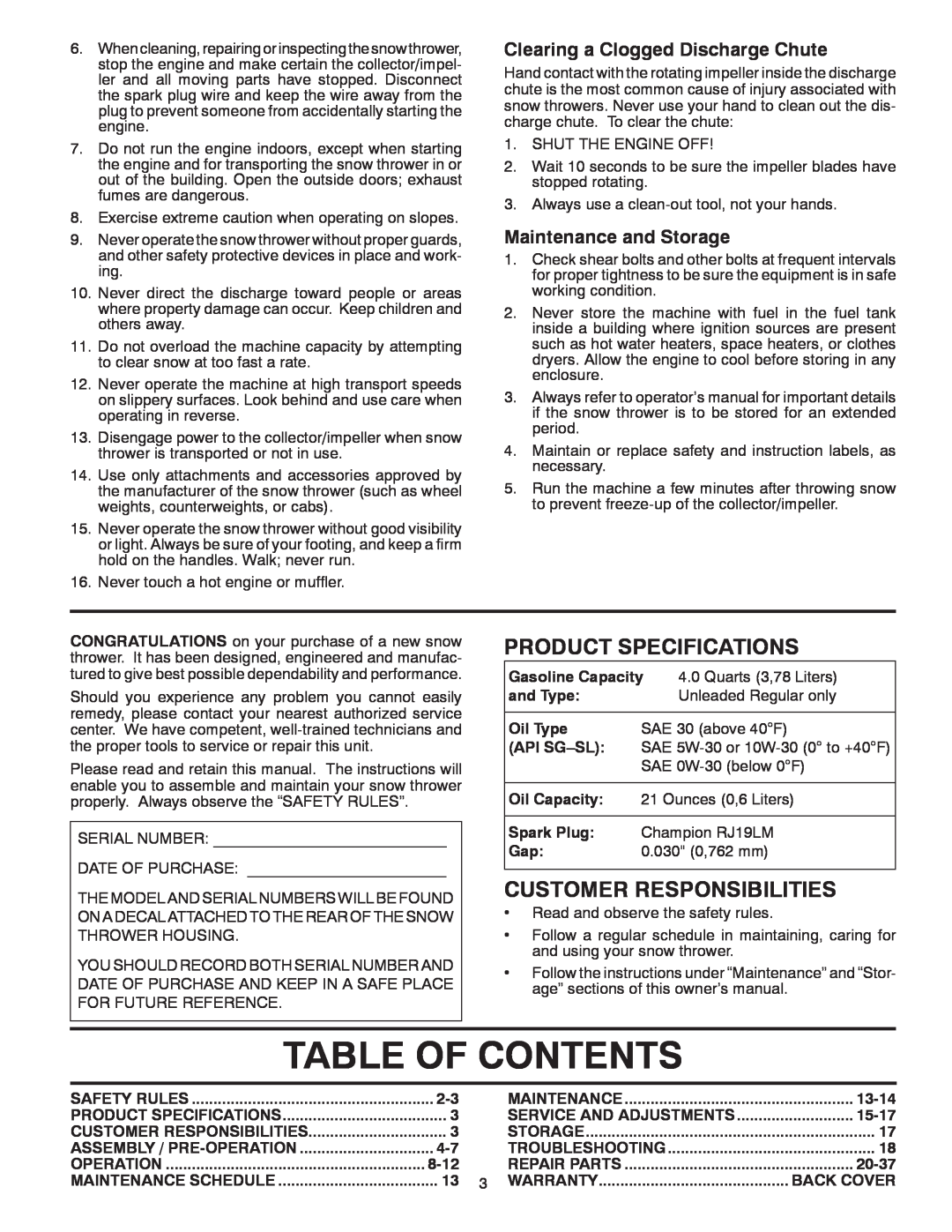 Poulan 422073 Table Of Contents, Product Specifications, Customer Responsibilities, Clearing a Clogged Discharge Chute 