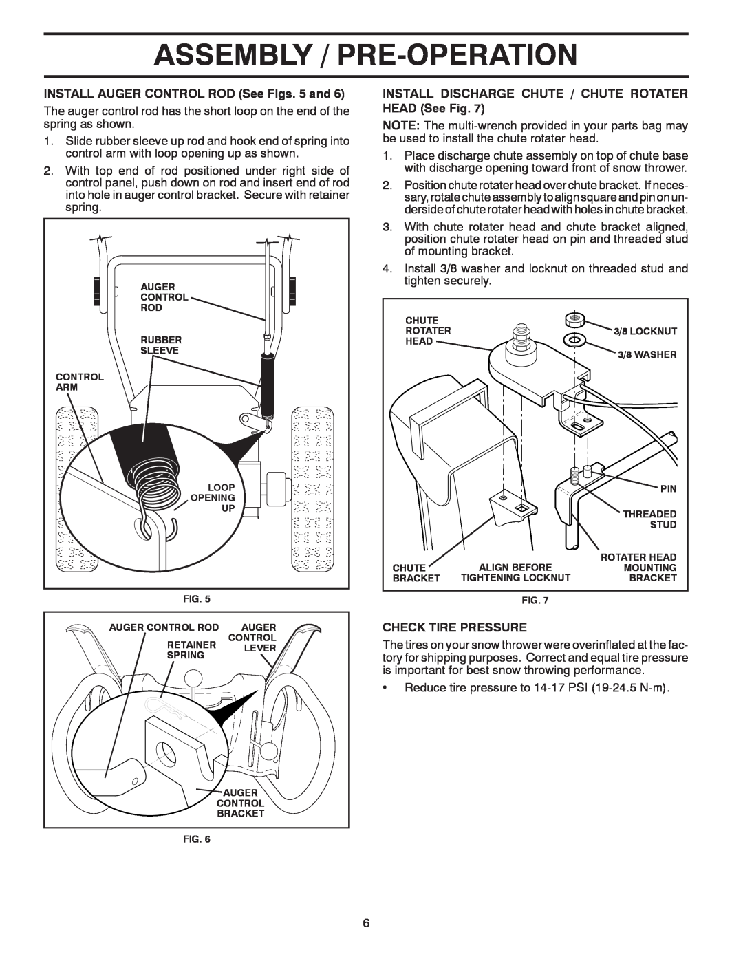 Poulan 96192002301, 422073 Assembly / Pre-Operation, INSTALL AUGER CONTROL ROD See Figs. 5 and, Check Tire Pressure 