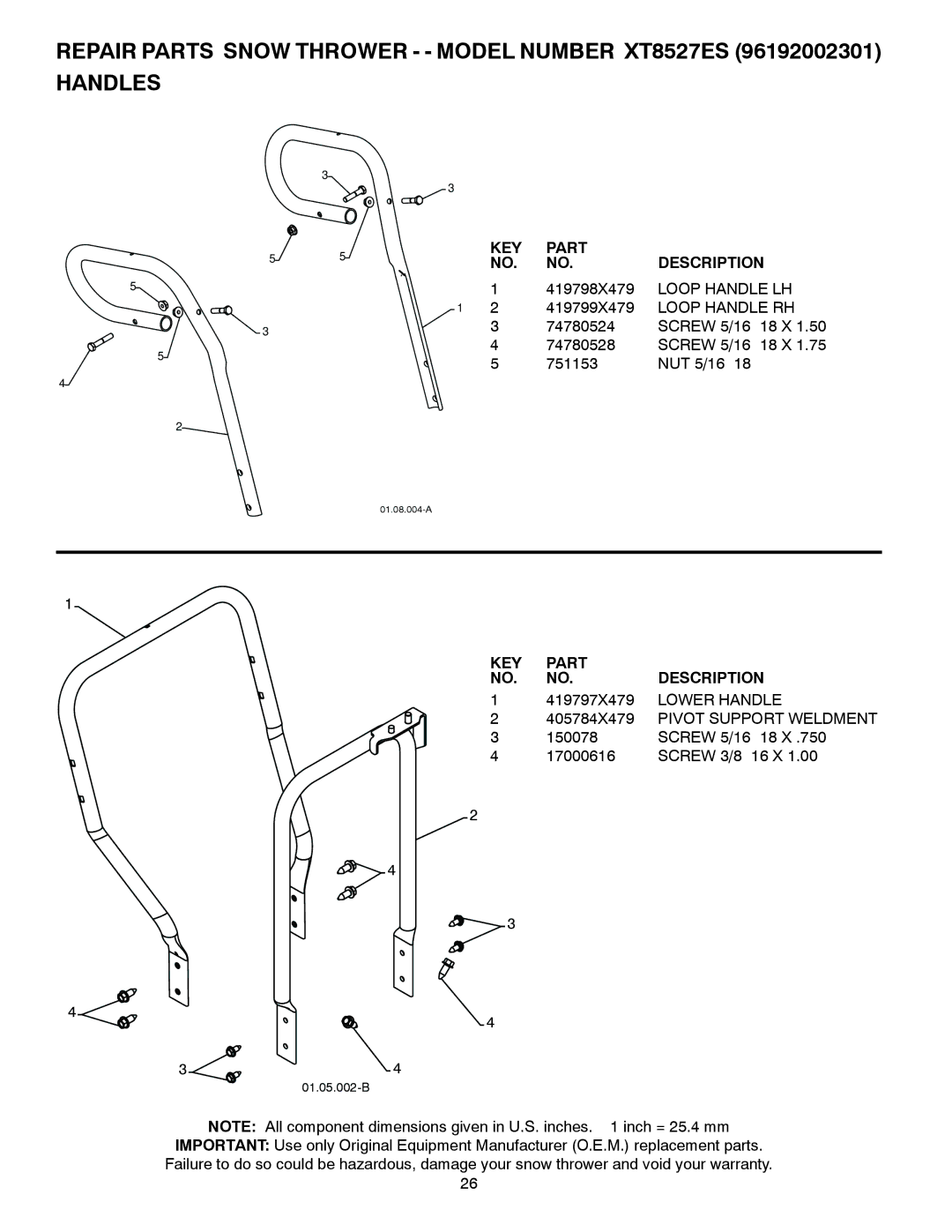 Poulan 96192002301, 422073 owner manual Loop Handle LH, Loop Handle RH, 405784X479 Pivot Support Weldment 