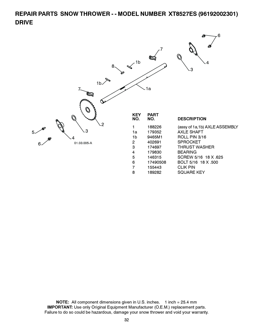 Poulan 96192002301, 422073 owner manual Axle Shaft, Roll PIN 3/16, Sprocket, Clik PIN 