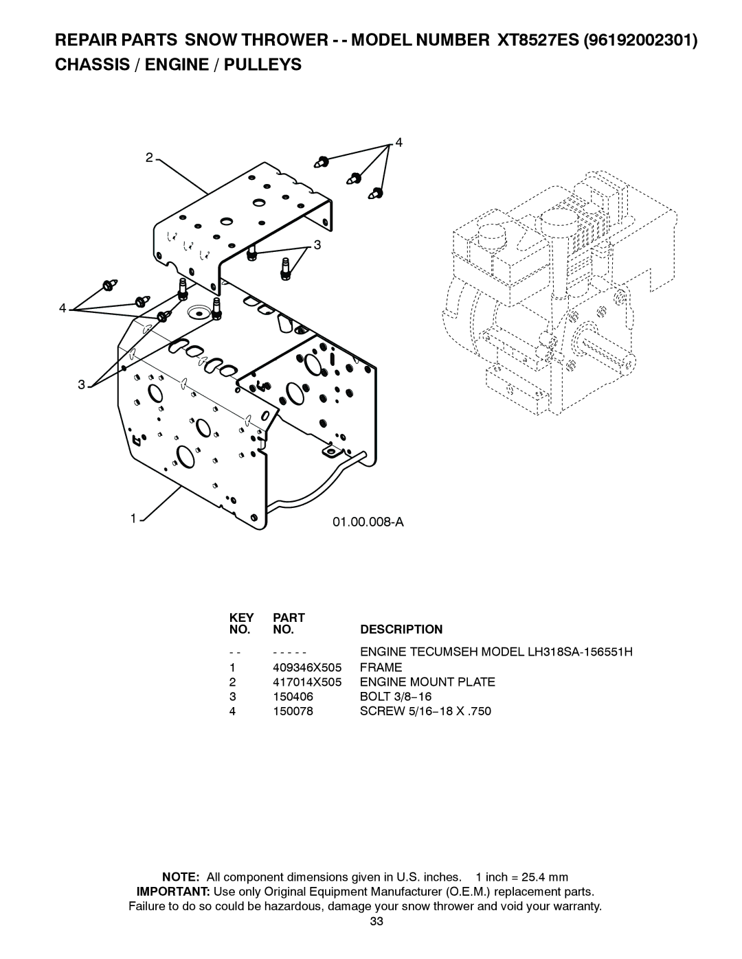 Poulan 422073, 96192002301 KEY Part Description Engine Tecumseh Model LH318SA-156551H, 417014X505 Engine Mount Plate 