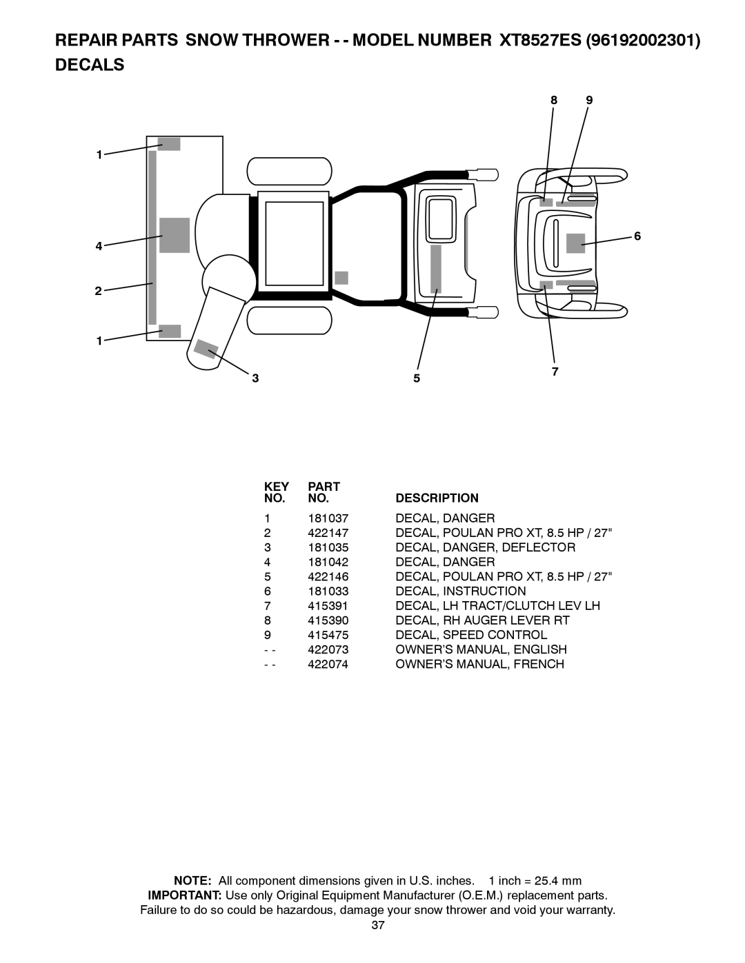 Poulan 422073, 96192002301 owner manual 181037, DECAL, Danger, DECAL, DANGER, Deflector 