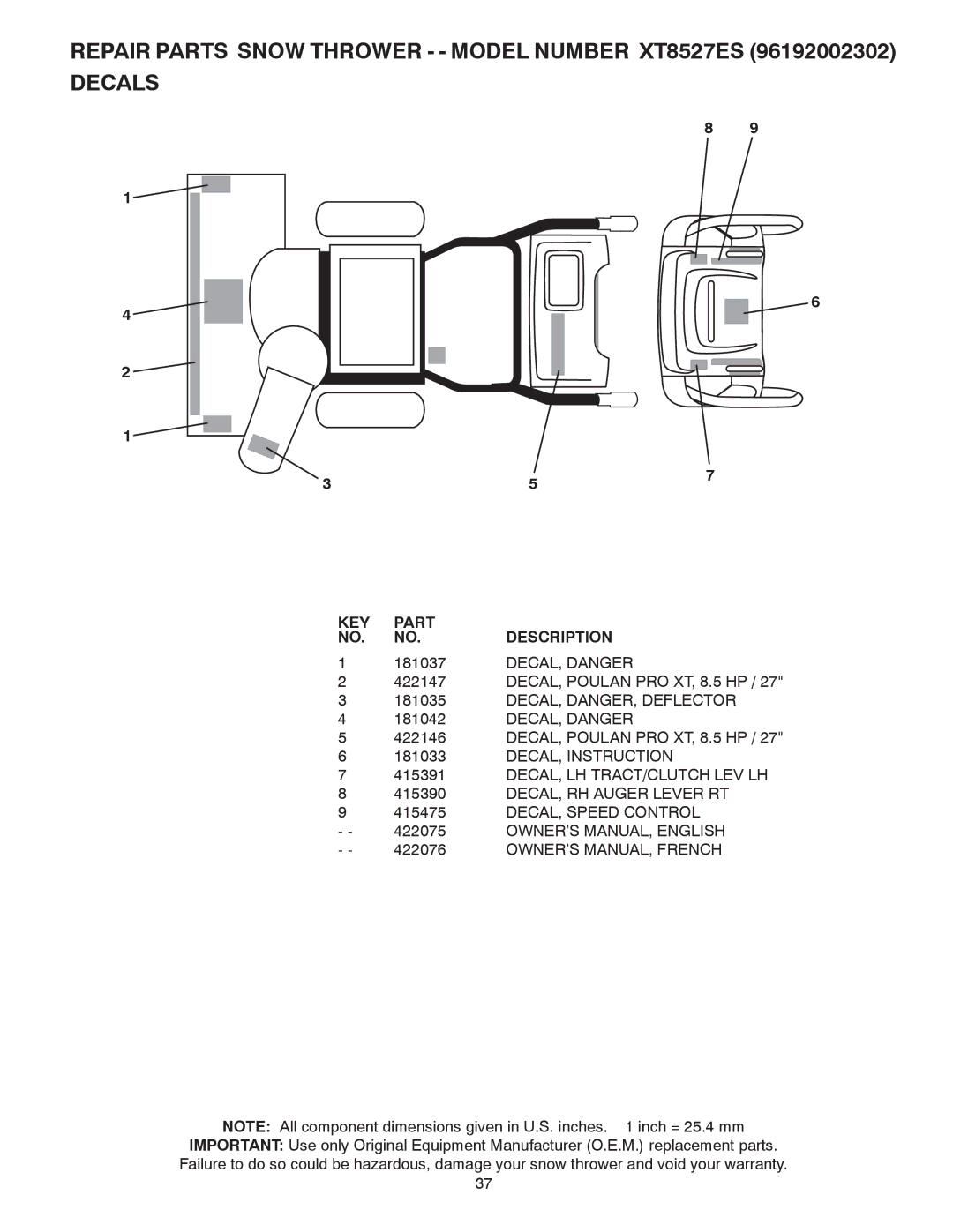 Poulan 422075, 96192002302 owner manual 181037, DECAL, Danger, DECAL, DANGER, Deflector 