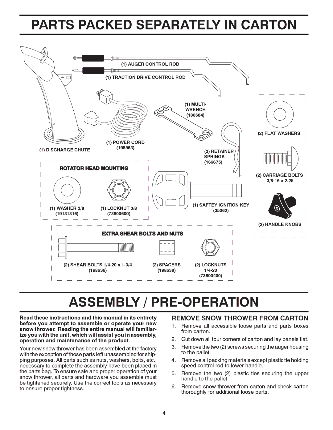 Poulan 96192002302, 422075 Parts Packed Separately in Carton, Assembly / PRE-OPERATION, Remove Snow Thrower from Carton 