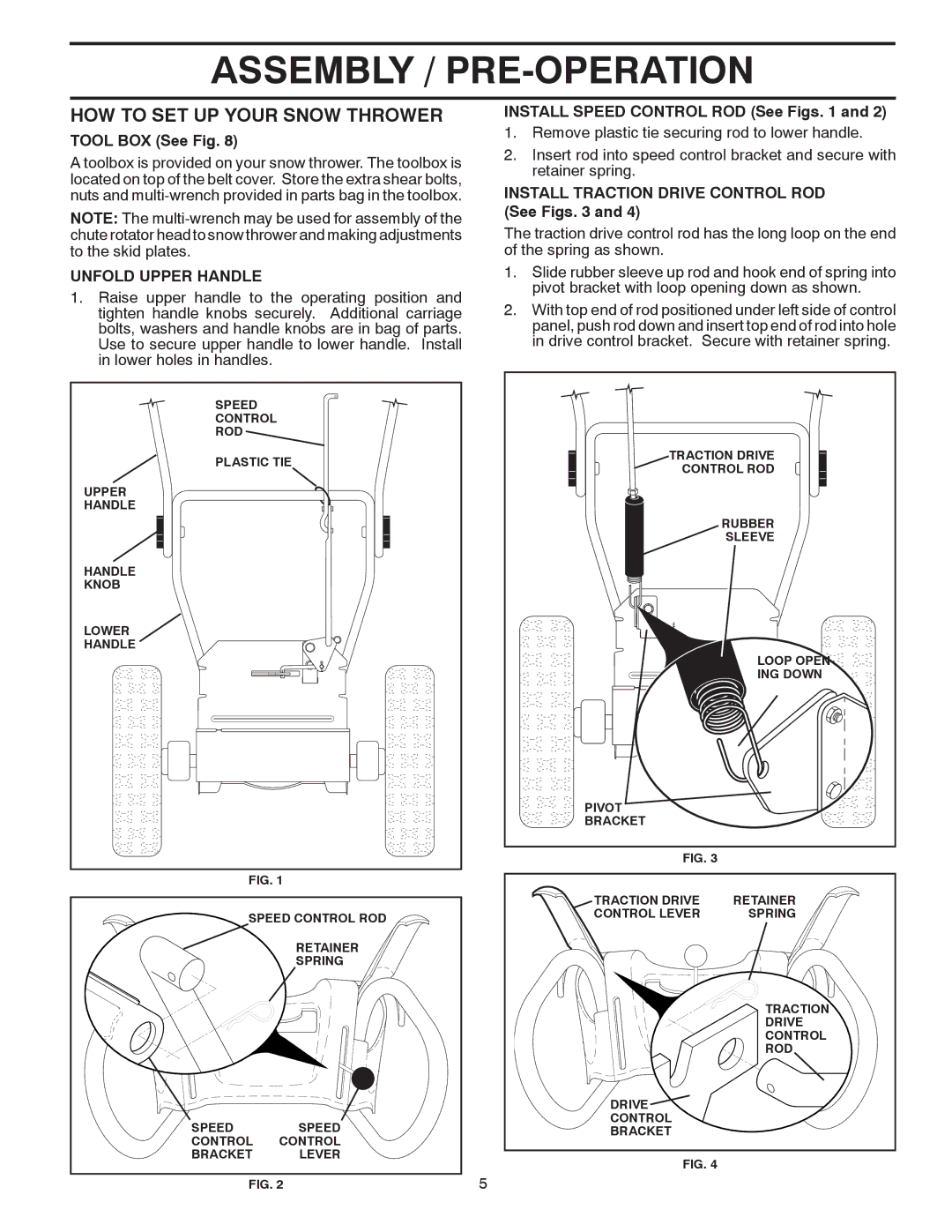 Poulan 422075 HOW to SET UP Your Snow Thrower, Tool BOX See Fig, Unfold Upper Handle, Install Speed Control ROD See Figs 