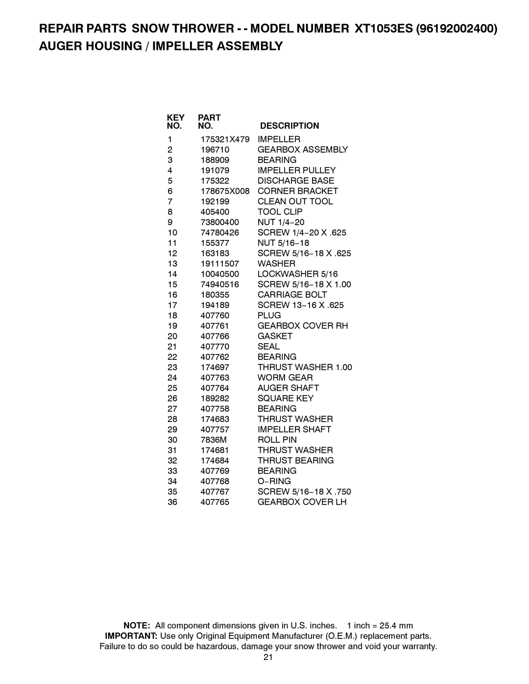 Poulan 96192002400, 422077, XT1053ES owner manual KEY Part Description 