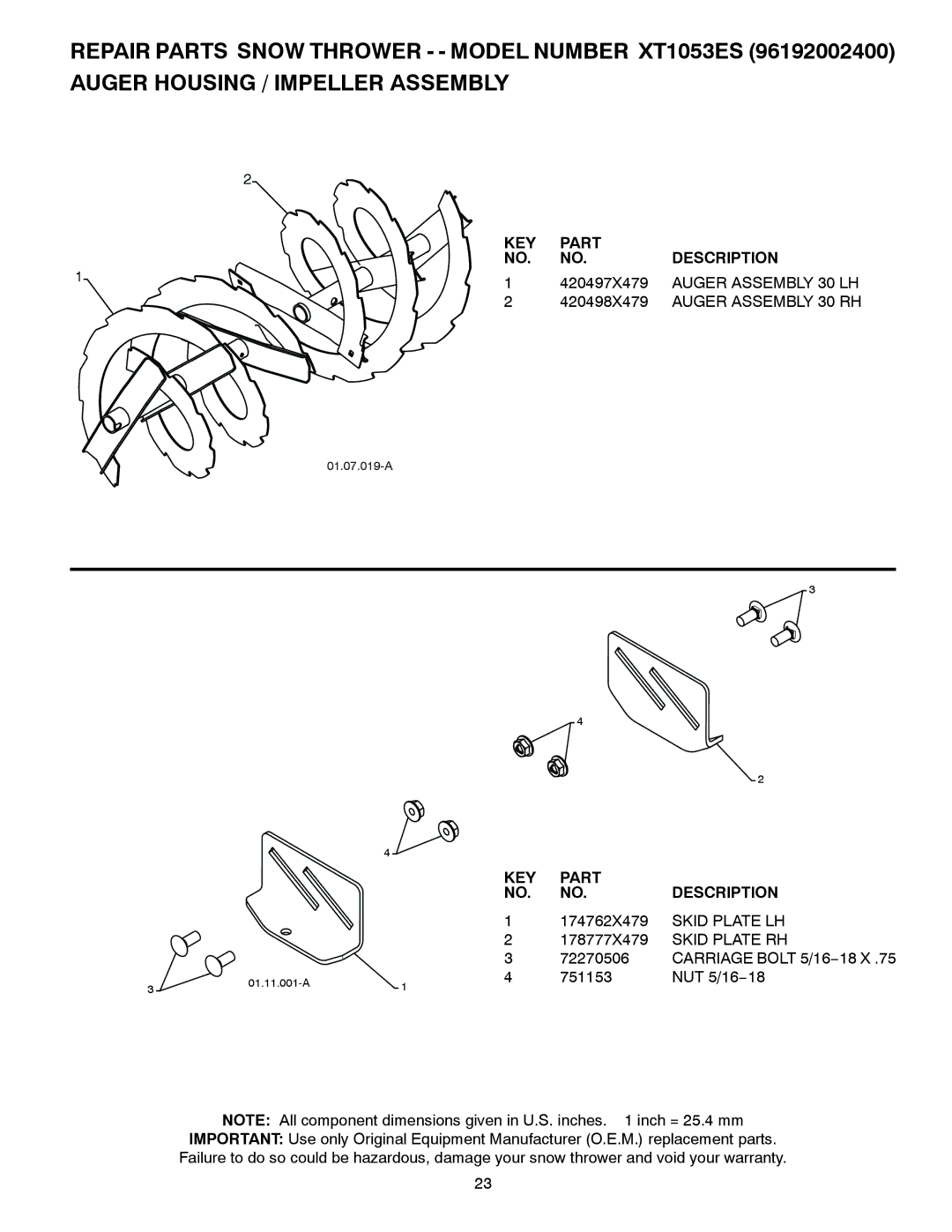 Poulan XT1053ES, 96192002400, 422077 owner manual 420497X479, Auger Assembly 30 LH, 420498X479, Auger Assembly 30 RH 