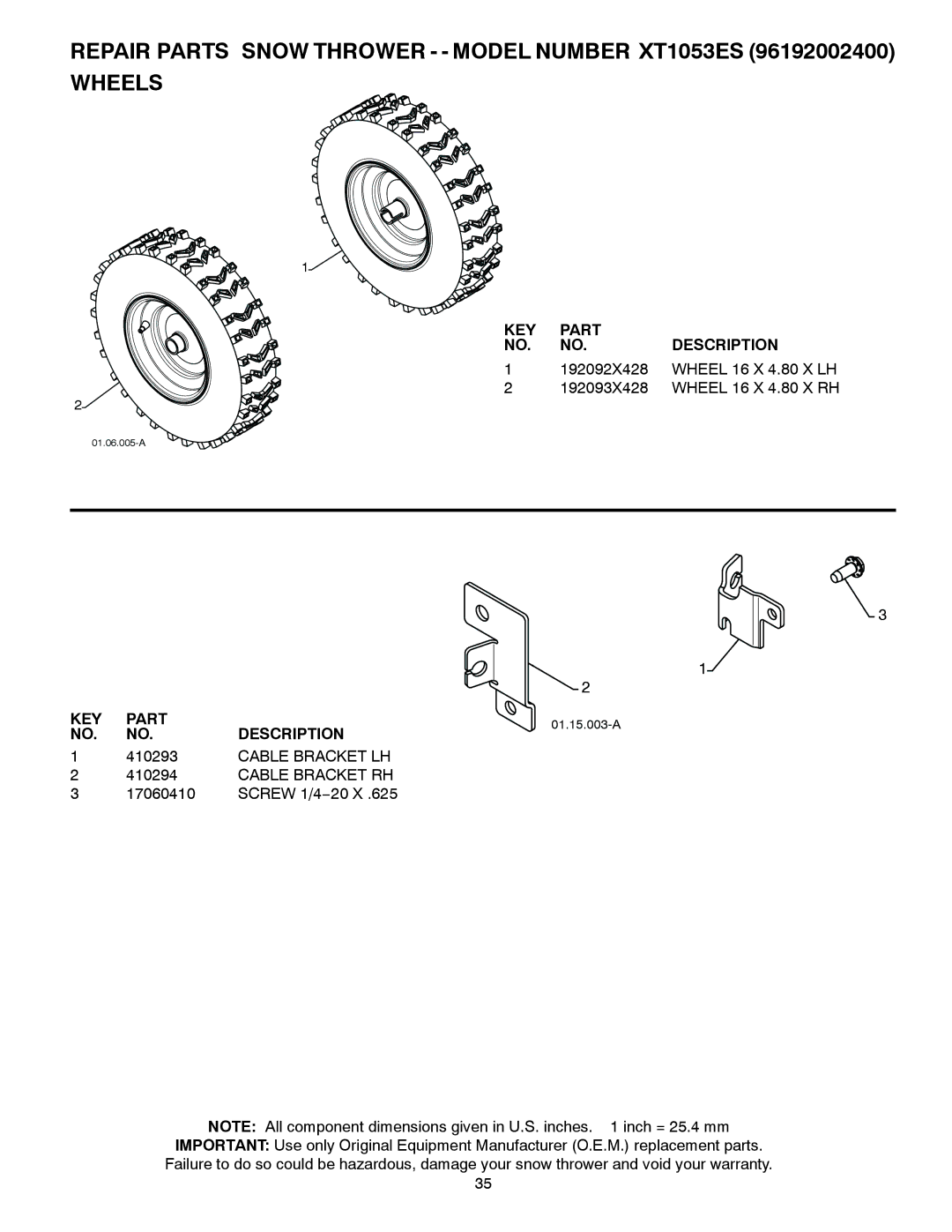 Poulan 96192002400, 422077 Repair Parts Snow Thrower - Model Number XT1053ES Wheels, Cable Bracket LH Cable Bracket RH 