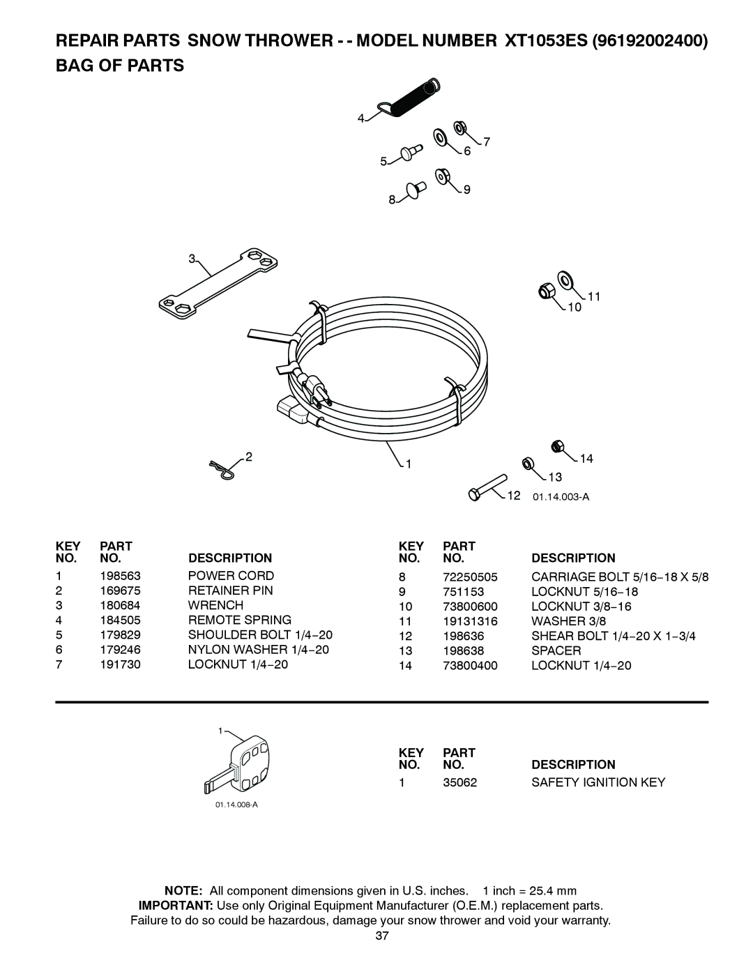 Poulan 422077, 96192002400, XT1053ES owner manual 35062, Safety Ignition KEY 