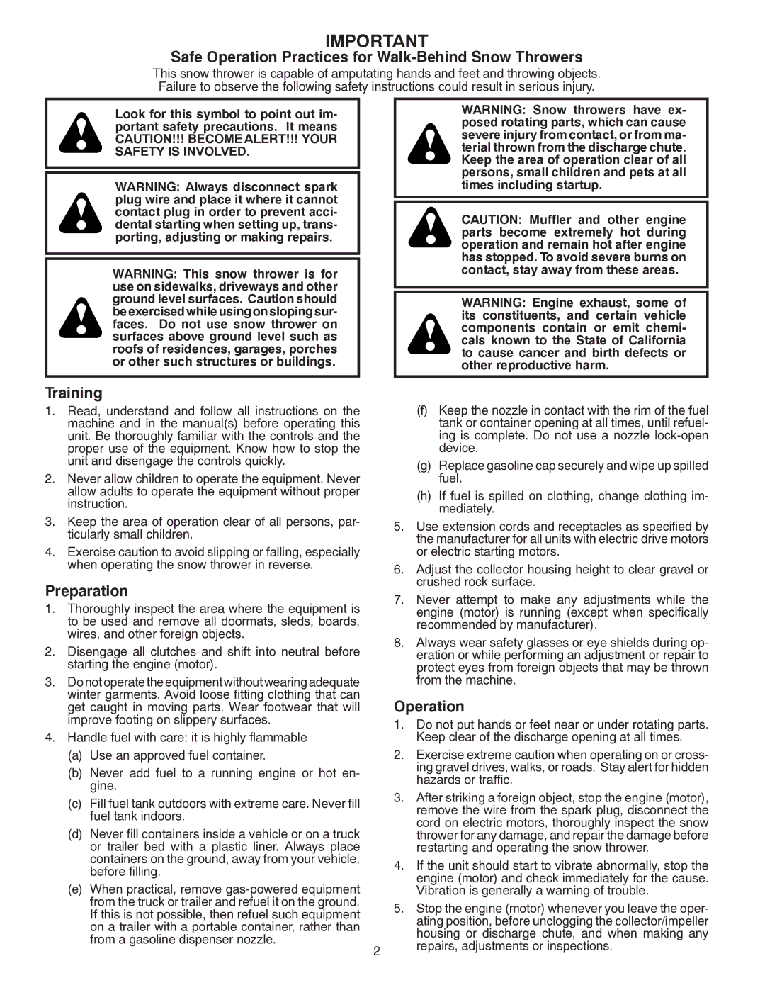 Poulan 96192002401, 422085 owner manual Safe Operation Practices for Walk-Behind Snow Throwers 