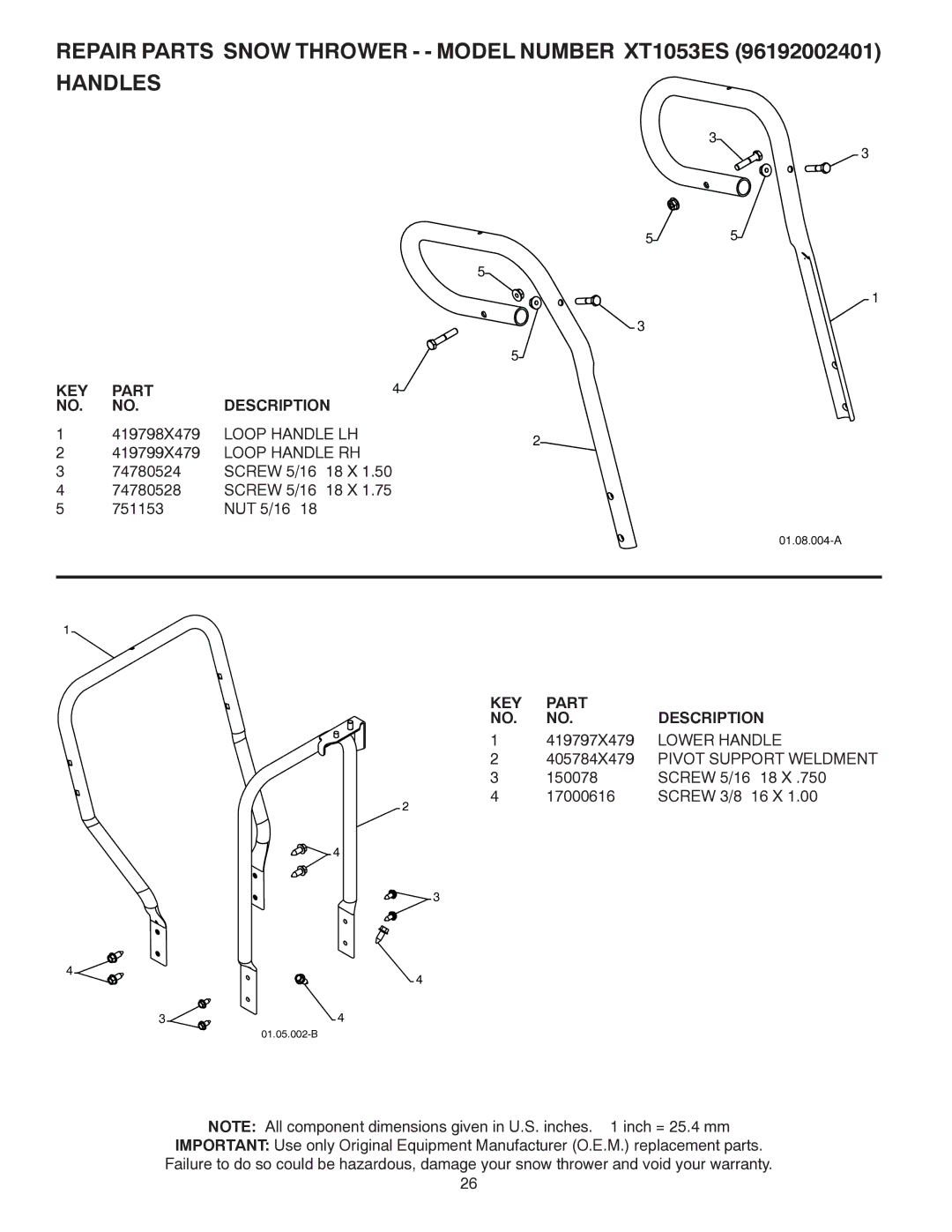 Poulan 96192002401, 422085 owner manual Loop Handle LH, Loop Handle RH, 405784X479 Pivot Support Weldment 