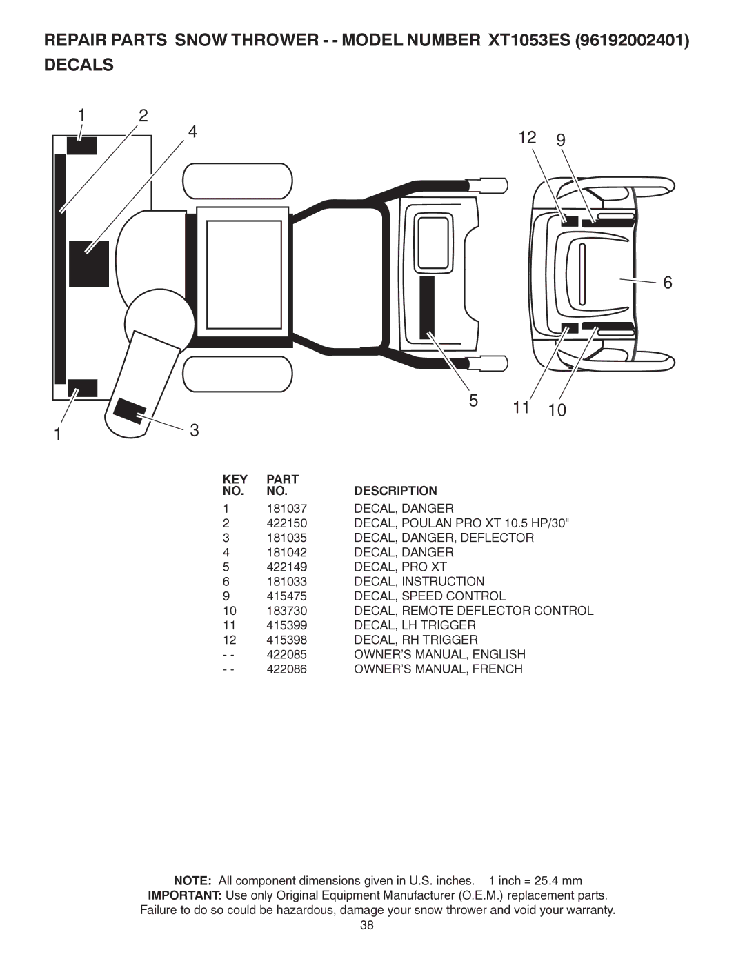 Poulan 96192002401, 422085 owner manual 181037, DECAL, Danger, DECAL, DANGER, Deflector 