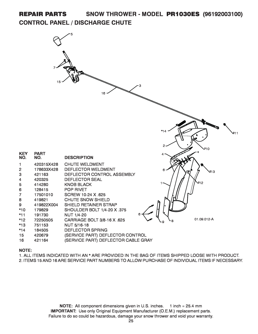 Poulan Control Panel / Discharge Chute, REPAIR PARTS SNOW THROWER - MODEL PR1030ES, Part, Description, 01.09.012-A 