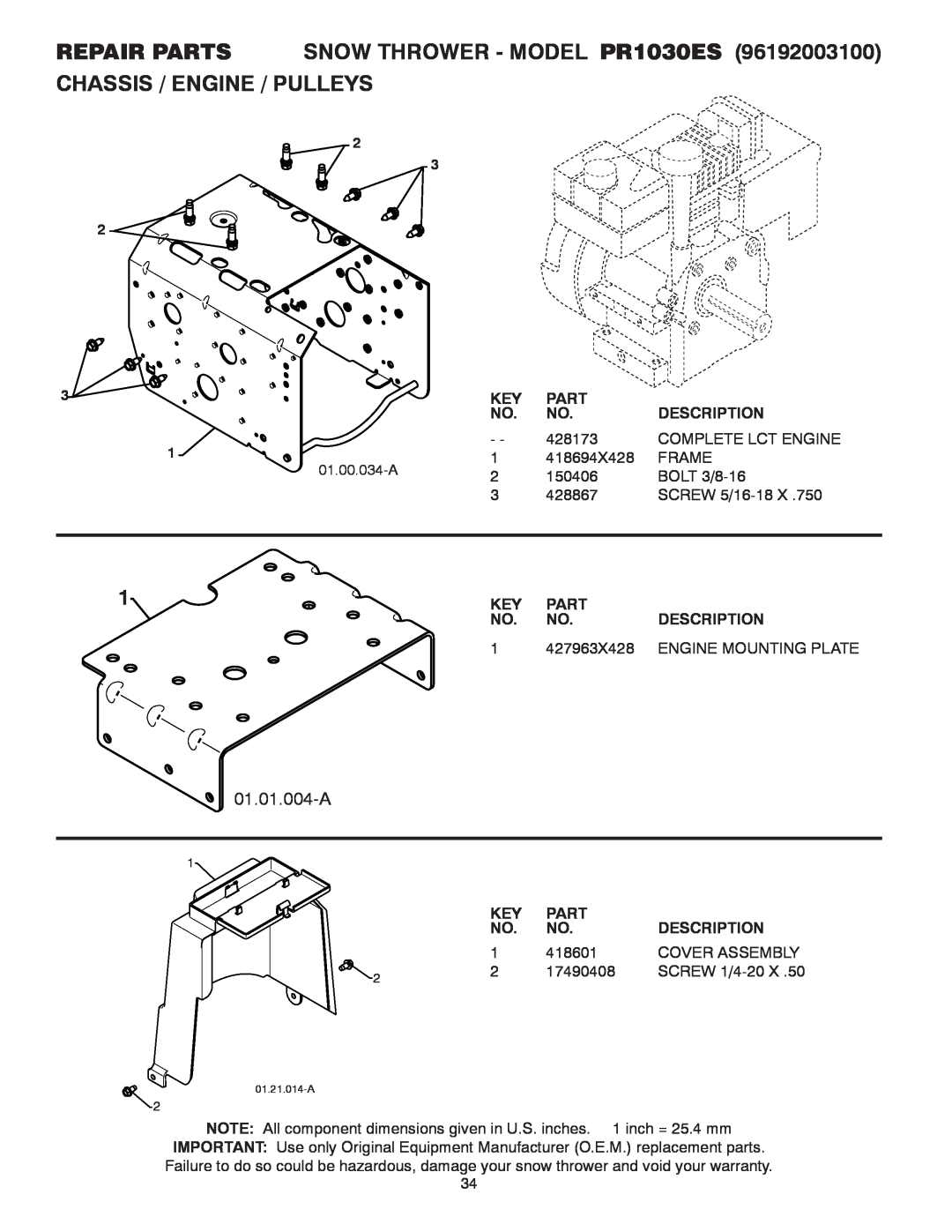 Poulan 96192003100 REPAIR PARTS SNOW THROWER - MODEL PR1030ES CHASSIS / ENGINE / PULLEYS, 01.01.004-A, Part, Description 