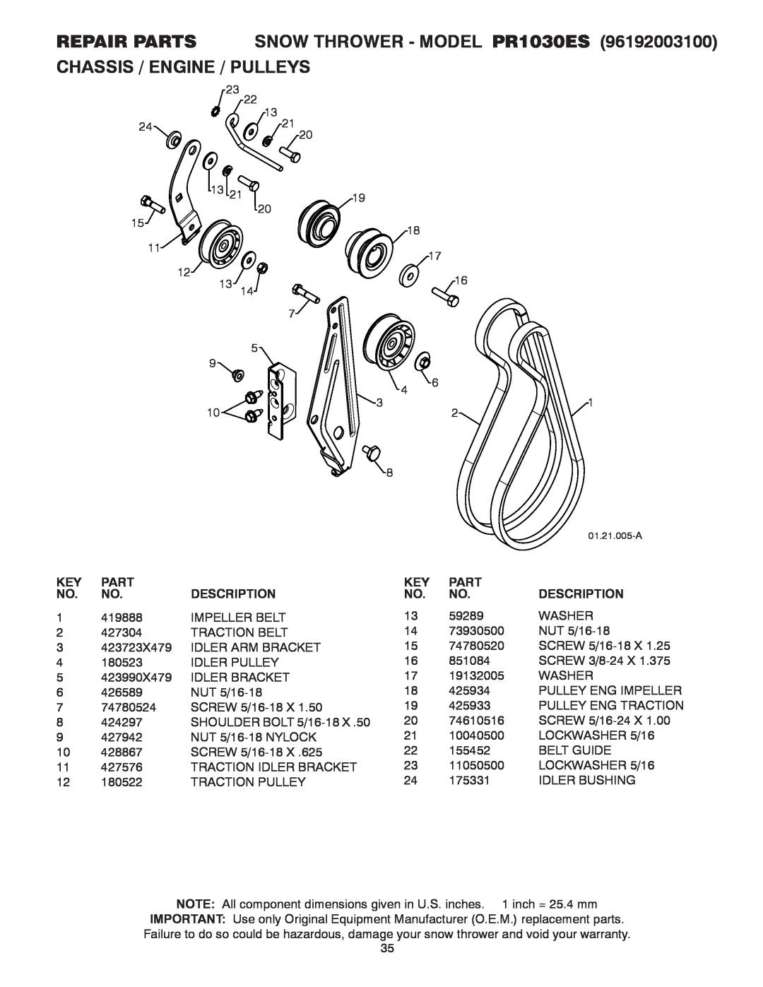 Poulan 96192003100 owner manual REPAIR PARTS SNOW THROWER - MODEL PR1030ES CHASSIS / ENGINE / PULLEYS, Part, Description 