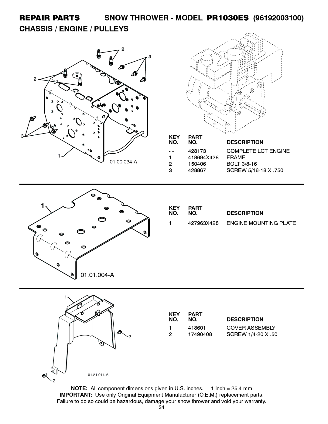 Poulan 96192003100, PR1030ES owner manual Complete LCT Engine, Frame, 427963X428, Engine Mounting Plate, Cover Assembly 