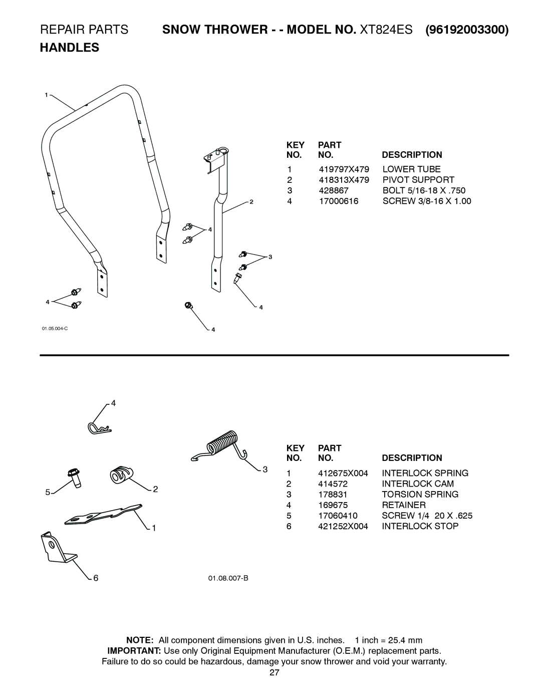 Poulan XT824ES Lower Tube, Pivot Support, Interlock Spring, Interlock CAM, Torsion Spring, Retainer, Interlock Stop 