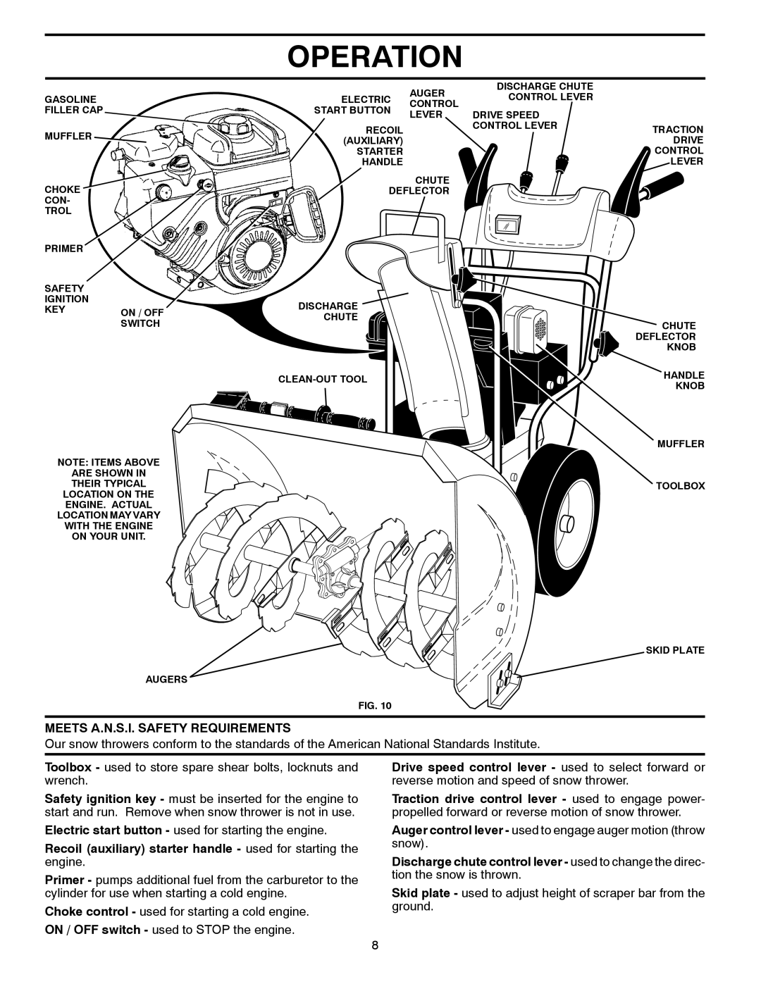 Poulan 96192003300 Meets A.N.S.I. Safety Requirements, Recoil auxiliary starter handle used for starting the engine 