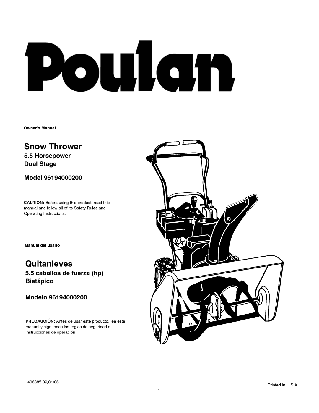 Poulan 96194000200 owner manual Quitanieves, Manual del usario 